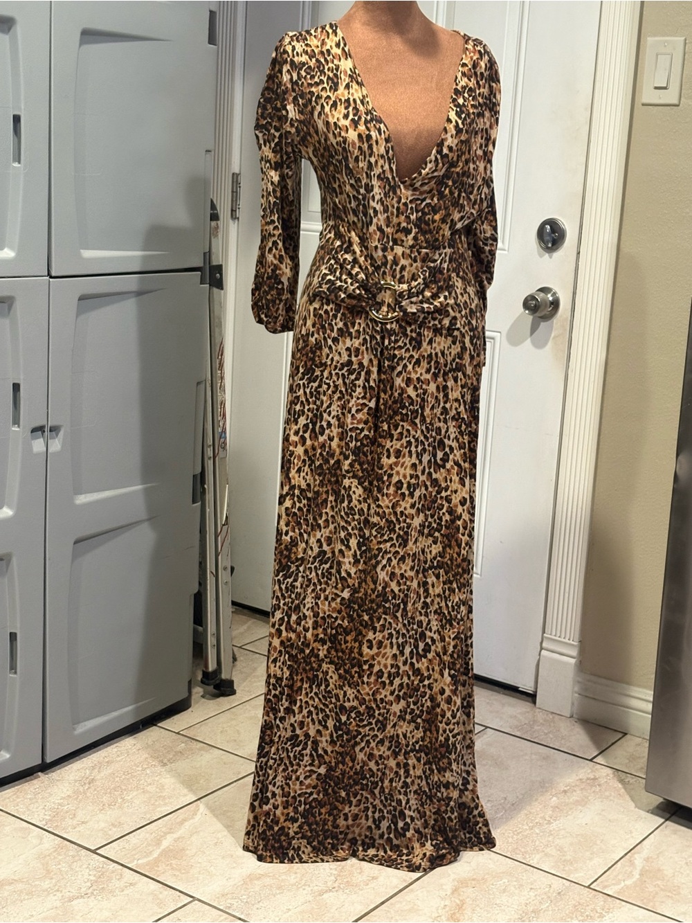 Leopard-Print V-Neck Maxi Dress in Brown